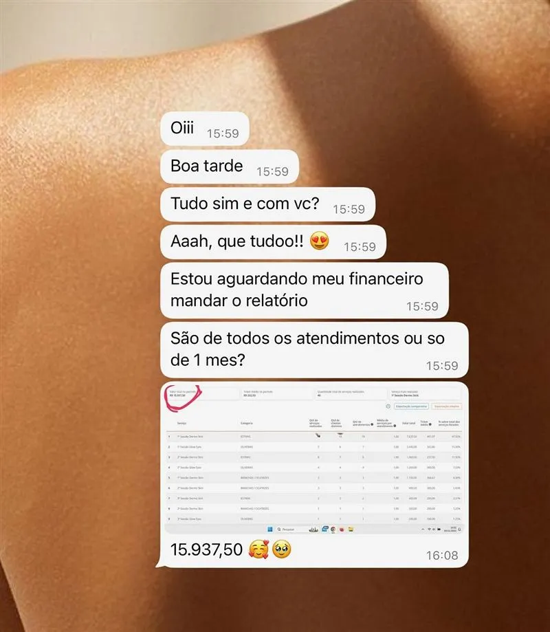 Conversa de WhatsApp em que a aluna mostra relatório com R$ 15.937,50 em serviços no período
